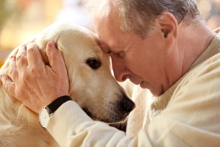 Older adult petting a puppy.